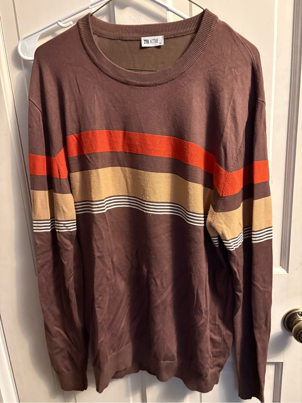 Active USA Men's Brown Crewneck Sweater with Orange and Tan Stripes